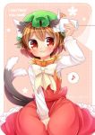  1girl :3 animal_ears brown_eyes brown_hair cat_ears cat_tail chen closed_mouth english green_hat hat ibarashiro_natou jewelry long_sleeves mob_cap multiple_tails musical_note nekomata short_hair single_earring solo spoken_musical_note string_phone tail touhou two_tails 
