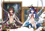  2girls :d angel_wings arm_cannon bandaged_leg bandages black_gloves black_legwear black_wings blue_hair blush bow brown_hair cape covering covering_crotch eye_contact flower food frame fruit gloves hair_bow hair_flower hair_ornament hair_ribbon hat hat_ribbon hinanawi_tenshi kneeling long_hair looking_at_another multiple_girls navel open_clothes open_mouth painting_(object) peach petals puffy_sleeves red_eyes reiuji_utsuho ribbon shirt short_sleeves smile tetsurou_(fe+) thigh-highs third_eye touhou weapon white_background white_gloves wings zettai_ryouiki 