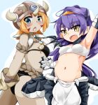  2girls :&lt; :d arm_up armpits bare_shoulders blush breasts chestnut_mouth claws dark_skin dragon_girl dragon_pup dragon_tail fangs gloves goblin_(mon-musu_quest!) helmet horned_helmet horns karatakewari looking_at_viewer midriff mon-musu_quest! monster_girl multiple_girls navel open_mouth orange_hair paws pointy_ears purple_hair scales simple_background small_breasts smile tail yellow_eyes 