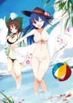  2girls ball beachball bikini black_bikini black_hat blue_hair blurry bow breasts brown_eyes brown_hair cleavage clouds cloudy_sky commentary_request depth_of_field dutch_angle eating food fruit hair_bow hat highres hinanawi_tenshi holding large_breasts leaf long_hair looking_at_viewer multiple_girls ocean one_eye_closed open_mouth outdoors peach popsicle red_eyes reiuji_utsuho side-tie_bikini sky smile standing swimsuit tetsurou_(fe+) thigh_gap touhou towel towel_around_neck wading water_drop white_bikini 