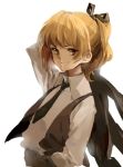  &gt;:) 1girl alternate_hairstyle arm_up blonde_hair commentary_request formal hand_in_pocket high_ponytail jacket jacket_removed kirisame_marisa necktie nikigo_nuno ponytail smile solo touhou vest white_background 