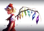  1girl ascot blonde_hair chen_bin crystal flandre_scarlet gradient gradient_background hat hat_ribbon highres looking_at_viewer mob_cap profile puffy_sleeves red_eyes ribbon shirt short_hair short_sleeves side_ponytail skirt skirt_set smile solo touhou upper_body vest wings 