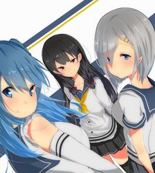  3girls black_hair blue_eyes blue_hair blush breasts elbow_gloves eyes_visible_through_hair gloves hair_ornament hair_over_one_eye hair_ribbon hairclip hamakaze_(kantai_collection) hat highres isokaze_(kantai_collection) kantai_collection large_breasts long_hair long_sleeves looking_at_viewer looking_back multiple_girls pleated_skirt pointy_ears red_eyes ribbon school_uniform serafuku short_hair short_sleeves silver_hair skirt smile tress_ribbon urakaze_(kantai_collection) white_gloves yagitani_hitsuji 