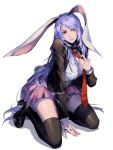  1girl animal_ears black_legwear bunny_tail full_body highres jacket kneeling lavender_hair long_hair long_sleeves looking_to_the_side necktie parted_lips rabbit_ears red_eyes reisen_udongein_inaba ruukii_drift shirt shoes simple_background skirt solo tail thigh-highs touhou very_long_hair white_background zettai_ryouiki 