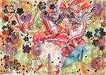  1girl ascot bow brown_eyes brown_hair detached_sleeves flower gohei hair_bow hair_tubes hakurei_reimu long_hair long_sleeves looking_at_viewer marker_(medium) mosho origami paper_crane shirt skirt skirt_set smile solo touhou traditional_media very_long_hair watercolor_(medium) wide_sleeves 