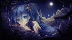  1girl blue_eyes blue_hair dress expressionless hatsune_miku highres long_hair looking_at_viewer lying marchen_noir moon nail_polish night on_stomach outdoors solo twintails vocaloid wallpaper 