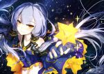  1girl bai_yemeng bare_shoulders blue_dress blue_gloves collarbone dress elbow_gloves fingerless_gloves gloves hair_tubes long_hair looking_at_viewer silver_hair smile solo star thighs very_long_hair vocaloid xingchen yellow_eyes 