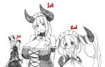  3girls apron bare_shoulders blush braid breasts cleavage commentary demon_girl demon_horns detached_sleeves eu03 hair_over_shoulder height_difference horns huge_breasts lace-up_top long_hair maid monochrome multiple_girls original ponytail single_braid sketch tears twintails very_long_hair waist_apron 