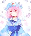  1girl blue_dress cherry_blossoms commentary_request dress hat hitodama japanese_clothes long_sleeves mayo_(mayomr29) mob_cap obi petals pink_eyes pink_hair saigyouji_yuyuko sash short_hair smile solo touhou triangular_headpiece wide_sleeves 