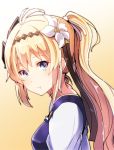  1girl :t ahoge alternate_hairstyle arito_arayuru blonde_hair closed_eyes flower granblue_fantasy hair_flower hair_ornament hair_up hairband highres jeanne_d&#039;arc_(granblue_fantasy) lily_(flower) long_hair ponytail solo upper_body violet_eyes 