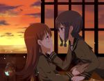  2girls absurdres akbskenmb48-40 bangs black_hair blunt_bangs book braid brown_eyes brown_hair evening face-to-face hand_on_another&#039;s_cheek hand_on_another&#039;s_face highres incipient_kiss kantai_collection kitakami_(kantai_collection) leaning long_hair looking_at_another multiple_girls ooi_(kantai_collection) school_uniform serafuku sitting smile violet_eyes yuri 
