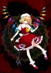  1girl apple blonde_hair crystal flandre_scarlet food fruit hair_ribbon hat highres laevatein mary_janes mob_cap puffy_sleeves red_eyes ribbon shoes side_ponytail skirt solo touhou wings wrist_cuffs 