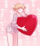  1girl ^_^ a_mane alternate_costume bangs blonde_hair blunt_bangs boku_no_hero_academia closed_eyes cowboy_shot dotted_line double_bun dress drinking_straw eyelashes heart holding leaning_forward messy_hair mouth_hold oversized_object pink_background sidelocks sleeves_past_elbows smile solo toga_himiko 