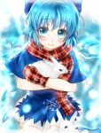  1girl absurdres animal artist_name blue_eyes blue_hair bow capelet cirno dress hair_bow highres holding_animal ice ice_wings ichinose_aki looking_at_viewer mittens pom_pom_(clothes) rabbit scarf short_hair signature smile touhou wings 