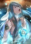  1girl aqua_(fire_emblem_if) aqua_hair blue_hair bridal_gauntlets closed_eyes commentary_request dress fire_emblem fire_emblem_if gloves glowing guu_(artist) hair_between_eyes hair_tubes hairband jewelry long_hair necklace open_mouth partially_submerged solo tagme teardrop teeth veil very_long_hair water water_drop 