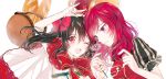  2girls ;d baguette basket black_hair bow bread cloak food hair_bow hood hooded_cloak love_live!_school_idol_festival love_live!_school_idol_project multiple_girls n_n_(vbdpsep) nico_nico_nii nishikino_maki one_eye_closed open_mouth princess red_eyes redhead smile spool twintails violet_eyes yazawa_nico yuri 