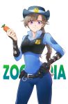  1girl belt brown_hair copyright_name gloves hand_on_hip hat highres judy_hopps long_hair looking_at_viewer police police_badge police_uniform policewoman rlo simple_background smile solo twintails uniform violet_eyes white_background zootopia 