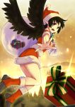  1girl bell bell_collar black_hair black_wings boots box collar gift gift_box hat highres nuqura outstretched_hand pointy_ears red_eyes sack santa_boots santa_costume santa_hat shameimaru_aya short_hair solo touhou wings 