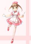  1girl apron brown_hair dress garter_straps green_eyes hat long_hair mary_janes nurse original pink_dress shoes solo standing_on_one_leg stethoscope striped striped_legwear syringe thigh-highs twintails 