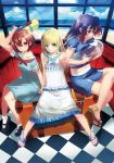  3girls bare_shoulders beach blonde_hair blue_eyes blue_hair breasts brown_eyes brown_hair checkered checkered_floor crossed_legs dress green_eyes grin hatsuharu innertube large_breasts legs long_hair mary_janes multiple_girls navel ocean original sailor_collar sailor_dress sandals shoes short_hair sitting skirt sky small_breasts smile socks transparent water_gun window 