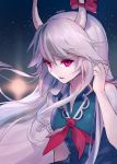 1girl ainy77 artist_name dress ex-keine full_moon horn_ribbon horns kamishirasawa_keine long_hair looking_at_viewer moon open_mouth puffy_sleeves red_eyes ribbon short_sleeves silver_hair solo touhou upper_body 