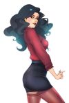  1girl asami_sato ass avatar:_the_last_airbender black_hair breasts earrings formal glasses green_eyes highres jewelry light_smile lips long_hair parted_lips simple_background skirt solo superboin the_legend_of_korra thigh-highs white_background 