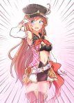  1girl alternate_costume arito_arayuru black_skirt blue_eyes blush detached_sleeves gloves granblue_fantasy hat hat_feather highres lecia_(granblue_fantasy) long_hair looking_to_the_side miniskirt navel open_mouth orange_hair skirt solo thigh-highs wavy_mouth white_gloves 
