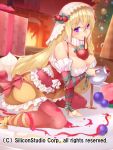  1girl absurdres blonde_hair breasts cleavage detached_sleeves dress food food_as_clothes food_themed_clothes gyakushuu_no_fantasica highres kokka_han long_hair mouth_hold solo strawberries thigh-highs violet_eyes 
