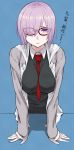  1girl :t arm_support bare_shoulders between_breasts blush breasts fate/grand_order fate_(series) glasses hair_over_one_eye necktie necktie_between_breasts pout purple_hair red-framed_glasses revision shielder_(fate/grand_order) short_hair simple_background solo translation_request utu_(ldnsft) violet_eyes 