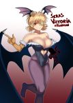  1girl amputee bangs bare_shoulders bat_wings black_leotard blonde_hair blush breasts character_name cleavage collarbone cosplay demon_girl eyebrows eyebrows_visible_through_hair fur_trim gloves gradient gradient_background grin head_wings heart_cutout hellsing highleg highleg_leotard highres large_breasts leotard long_hair morrigan_aensland morrigan_aensland_(cosplay) multiple_wings navel navel_cutout no_shoes one_eye_covered one_leg_raised pantyhose pointing purple_legwear red_background red_eyes seras_victoria smile solo standing_on_one_leg strapless succubus the_golden_smurf twintails vampire_(game) wings 