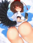  1girl ass bird_wings black_wings blue_sky blush book breasts brown_hair check_commentary clouds commentary commentary_request cowboy_shot hat hat_ribbon highres large_breasts looking_at_viewer looking_back no_pants panties puffy_short_sleeves puffy_sleeves red_eyes ribbon shameimaru_aya shirt short_sleeves sky solo tokin_hat tokoya touhou twisted_neck underwear white_panties wings 
