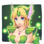  144_(riesztan) 1girl armor arms_at_sides bangs blue_eyes blush bow breasts cleavage collarbone dress emerald eyebrows eyebrows_visible_through_hair fireflies gem green_background green_bow green_dress hair_bow hairband head_wings jewelry long_hair necklace parted_bangs pendant portrait riesz round_teeth ruby_(stone) seiken_densetsu seiken_densetsu_3 shoulder_pads sidelocks simple_background solo spaulders tareme teeth white_border 