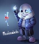  1boy bone copyright_name crying glowing glowing_eye grin hand_in_pocket hood hoodie sans shichimi_(ftlvampire32) shorts skeleton slippers smile tears undertale 