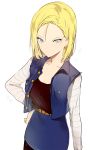  1girl android_18 blonde_hair blue_eyes dragon_ball dragon_ball_z earrings hand_on_hip jewelry lp_(hamasa00) pantyhose short_hair skirt solo vest 