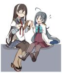  2girls :d ?? ahoge black_hair blue_hair boots bow bowtie clipboard closed_eyes commentary dress glasses grey_eyes grey_hair hair_between_eyes hairband hip_vent kantai_collection kiyoshimo_(kantai_collection) lace lace-trimmed_thighhighs long_hair low_twintails multicolored_hair multiple_girls necktie ooyodo_(kantai_collection) open_mouth pantyhose riz_(ravel_dc) school_uniform serafuku sitting sleeveless sleeveless_dress smile sweatdrop thigh-highs twintails white_dress 