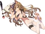  1girl animal_ears ass bare_shoulders book bow brown_hair chestnut_mouth garters green_eyes harunoibuki ink_bottle legs_up long_hair looking_at_viewer lying on_stomach open_book original paw_print quill shoes white_legwear 