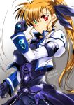  1girl 2016 angry blonde_hair bodysuit clenched_hands dasuto dated frown green_eyes heterochromia highres jacket long_hair lyrical_nanoha magical_girl mahou_shoujo_lyrical_nanoha_vivid older red_eyes side_ponytail solo twitter_username vivio 