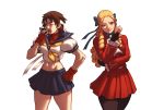  1girl 2girls antenna_hair blonde_hair brown_hair fingerless_gloves gloves headband kanzuki_karin kasugano_sakura liyart long_hair multiple_girls ringlets school_uniform serafuku short_hair street_fighter street_fighter_v street_fighter_zero street_fighter_zero_3 yawning 