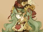  1girl arm_belt brown_background chain ear_clip earrings expressionless gears green_eyes green_hair hair_ornament hair_ribbon hairclip hat hatsune_miku heart jewelry long_hair marchen_noir musical_note pocket_watch puffy_sleeves ribbon shirt simple_background single_wing solo steampunk top_hat treble_clef twintails upper_body vocaloid watch white_wing wings 