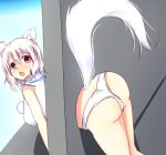  1girl animal_ears ass bare_arms bare_shoulders blush breasts d: hole_in_wall inubashiri_momiji looking_at_viewer merukiarisu open_mouth panties pink_hair red_eyes short_hair solo stuck tail thighs touhou underwear white_hair white_panties wolf_ears wolf_tail 