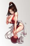  breasts brown_eyes brown_hair cleavage closed_fan fan fatal_fury folding_fan hair_between_eyes hand_on_own_knee highres japanese_clothes large_breasts lips lipstick lolik looking_at_viewer makeup pelvic_curtain ponytail revealing_clothes shiranui_mai sideboob the_king_of_fighters 