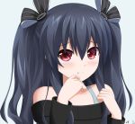  :3 :t artist_request bad_id bare_shoulders black_hair black_ribbon blush choujigen_game_neptune closed_mouth collarbone eyebrows eyebrows_visible_through_hair frown hair_between_eyes hair_over_shoulder hair_ribbon hand_to_own_mouth hands_up keenh long_hair long_sleeves looking_at_viewer neptune_(series) off-shoulder_sweater open_mouth pout red_eyes ribbon sidelocks simple_background smiley_face sweater tareme twintails uni_(choujigen_game_neptune) white_background 