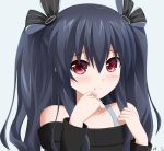  :3 :t artist_request bare_shoulders black_hair black_ribbon blush choujigen_game_neptune closed_mouth collarbone eyebrows eyebrows_visible_through_hair frown hair_between_eyes hair_over_shoulder hair_ribbon hand_to_own_mouth hands_up keenh long_hair long_sleeves looking_at_viewer neptune_(series) off-shoulder_sweater open_mouth pout red_eyes revision ribbon sidelocks simple_background smiley_face sweater tareme twintails uni_(choujigen_game_neptune) white_background 