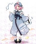  1girl arm_garter black_shoes full_body hat highres hitodama huyusilver japanese_clothes kimono long_sleeves looking_at_viewer mob_cap one_eye_closed open_mouth pink_eyes pink_hair saigyouji_yuyuko sash shoes short_hair simple_background socks solo standing teeth touhou triangular_headpiece white_legwear wide_sleeves 