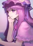  1girl ainy77 artist_name bow capelet crescent gradient gradient_background hat hat_bow long_hair looking_at_viewer mob_cap patchouli_knowledge profile purple purple_hair smile solo touhou upper_body violet_eyes 