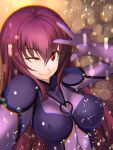  1girl ;) bodysuit breasts covered_nipples doomblade fate/grand_order fate_(series) highres long_hair looking_at_viewer one_eye_closed purple_hair red_eyes scathach_(fate/grand_order) smile solo w 