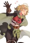  1girl akiyoshi_haru blonde_hair boots brown_eyes cape earrings flying_sweatdrops gloves granblue_fantasy jewelry pants pants_under_skirt skirt skirt_lift solo teena_(granblue_fantasy) 