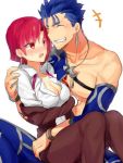  1boy 1girl :o bazett_fraga_mcremitz blue_hair blush bodysuit breasts brown_pants cleavage closed_eyes couple earrings fate/hollow_ataraxia fate_(series) grin hetero hug jewelry lancer pants redhead shirt short_hair sitting sitting_on_lap sitting_on_person smile suurin_(ksyaro) tattoo white_background white_shirt 