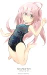  1girl ahoge barefoot blush brown_eyes highres jumping konno_takashi_(frontier_pub) long_hair looking_at_viewer one-piece_swimsuit open_mouth original pink_hair school_swimsuit solo swimsuit wet wet_clothes wet_swimsuit 