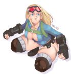 1girl alternate_costume alternate_hairstyle backpack bag belt_pouch blonde_hair blue_eyes boots breasts cammy_white cleavage clenched_hands facepaint fingerless_gloves gloves goggles goggles_on_head knee_pads leotard long_hair long_sleeves no_bra solo squatting street_fighter street_fighter_v talez01 thick_thighs thighs unzipped 